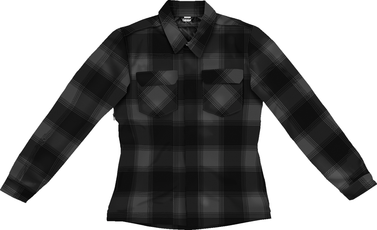ICON Women's Fallblock CX Flannel Jacket in black, XL, featuring a motorcycle-inspired casual design with button closures and plaid pattern.
