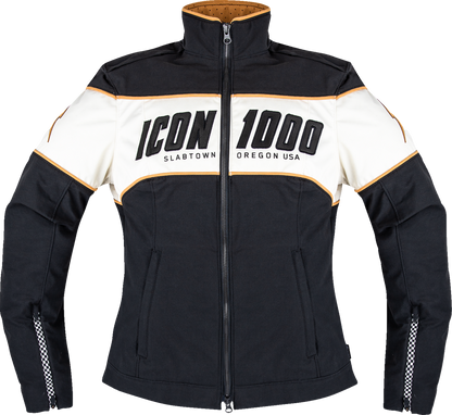 ICON Women's Hella 4™ black motorcycle jacket with protective armor and adjustable features, shown in a close-up view.