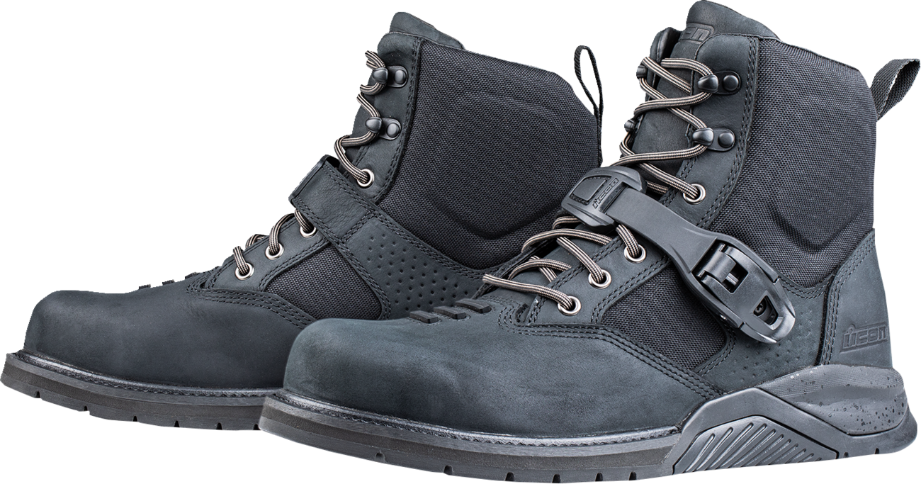ICON Superduty6 safety toe boots in black, US 11.5, showing durable leather construction and safety toe design.