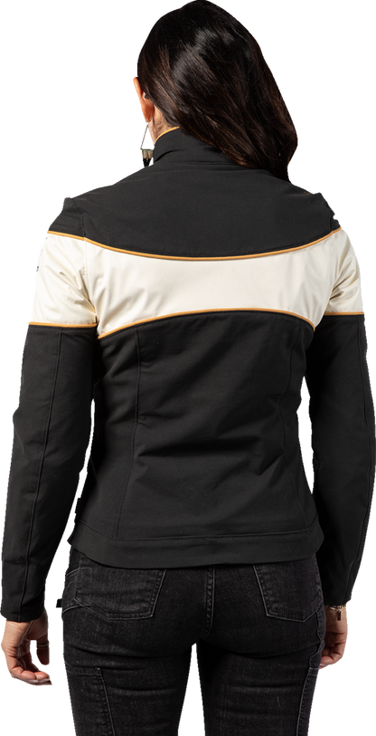 ICON Women's Hella 4™ Black Jacket showing front view with durable waterproof fabric and adjustable cuffs.