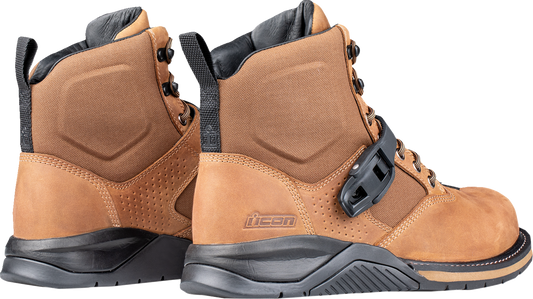 ICON Superduty6 safety toe boots in brown, US 8, with rugged leather construction and protective steel toe for work safety.