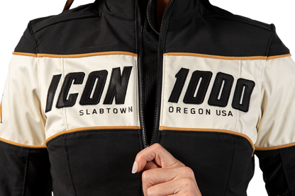 ICON Women's Hella 4™ Black Jacket with protective armor, featuring a sleek design and durable fabric for motorcycle riding.