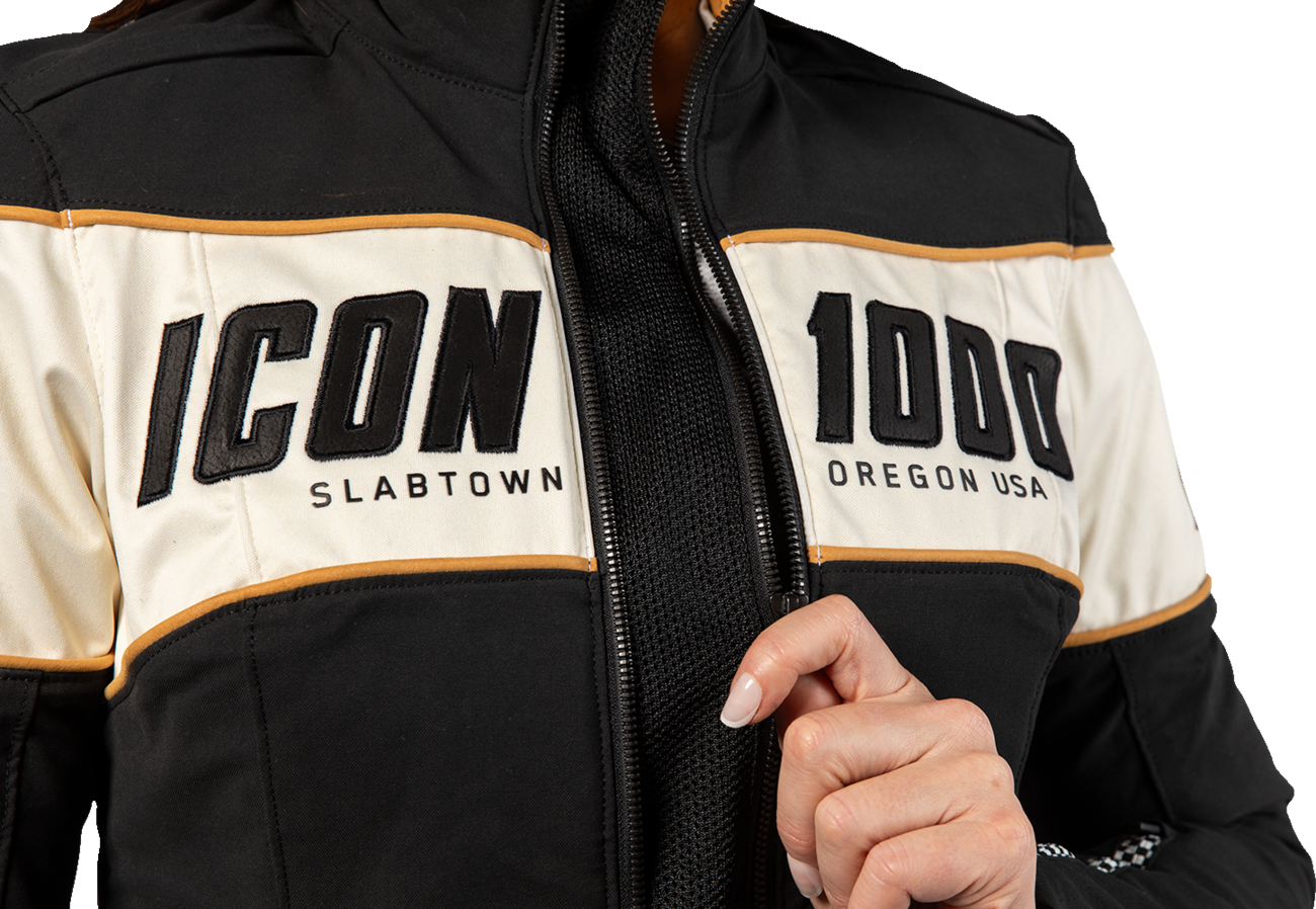ICON Women's Hella 4™ Black motorcycle jacket with stretch cotton and nylon, featuring D3O® protectors, shown on a model.
