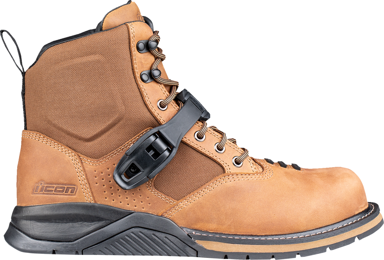 ICON Superduty6 Safety Toe Boots in brown, US 14 size, showing rugged leather construction and safety toe design.