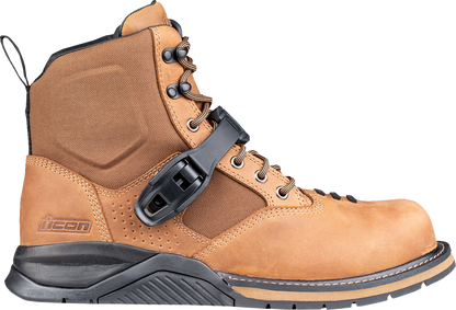 ICON Superduty6 Safety Toe Boots in brown, US 14 size, showing rugged leather construction and safety toe design.