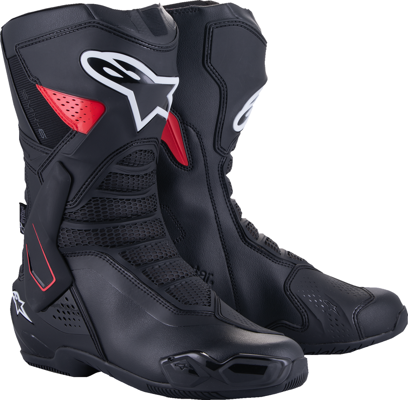 Alpinestars SMX-6 V3 Drystar motorcycle boots in black and red, US size 8, showing sturdy leather and protective features.
