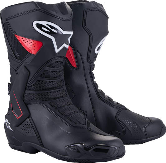 Alpinestars SMX-6 V3 Drystar motorcycle boots in black and red, US 7.5, showing sturdy design and protective features.