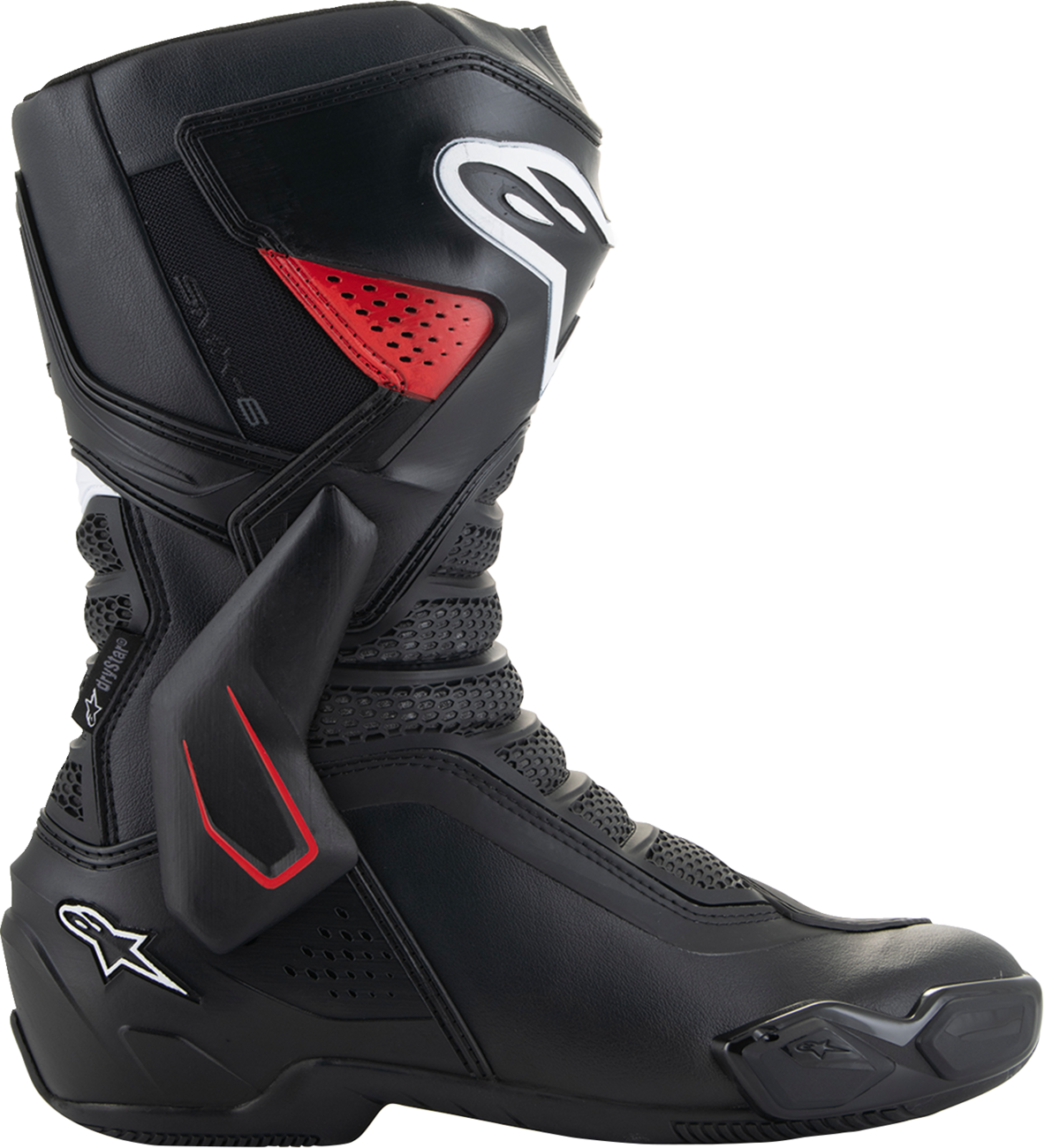 Alpinestars SMX-6 V3 Drystar motorcycle boots in black and red with US 11.5 size, featuring protective designs and sturdy soles.