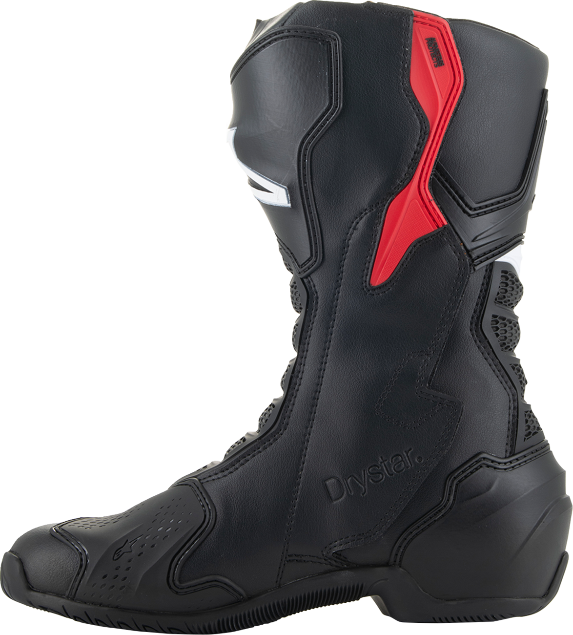 Alpinestars SMX-6 V3 Drystar® motorcycle boots in black and red, US 12.5, EU 48, showing side view with branding and protective features.