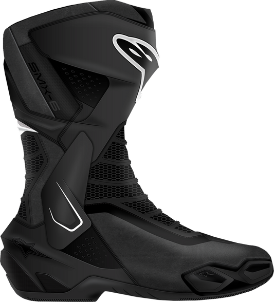 Alpinestars Stella SMX-6 V3 women's motorcycle boots in black and white, US size 9, showcasing ankle protection and sporty design.