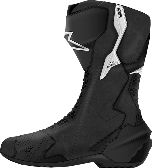Alpinestars Stella SMX-6 V3 women's motorcycle boots in black and white, US size 8, featuring protective design and sporty style.