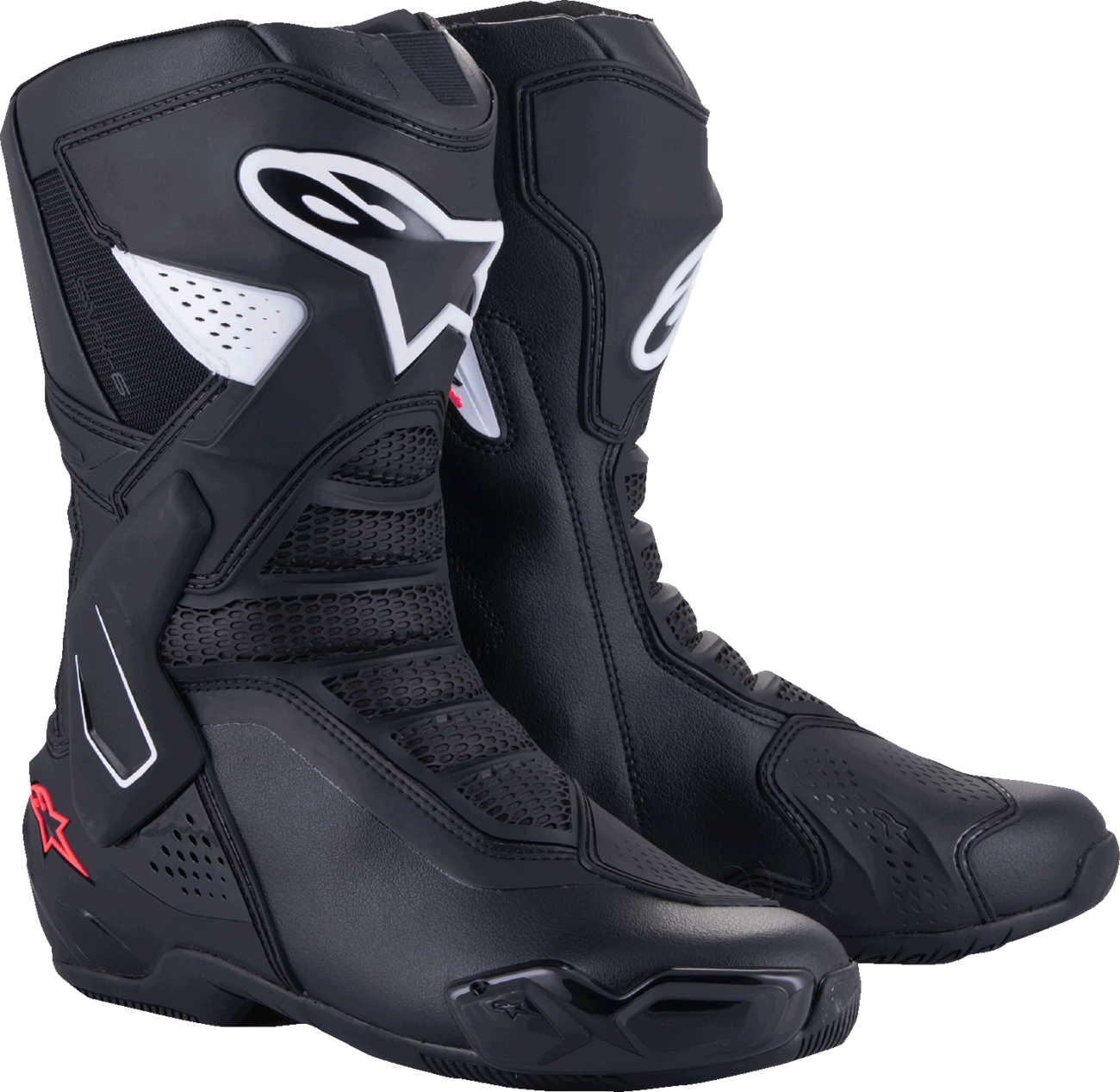 Alpinestars Stella SMX-6 V3 women’s motorcycle racing boots in black, white, and pink with protective features and adjustable straps.
