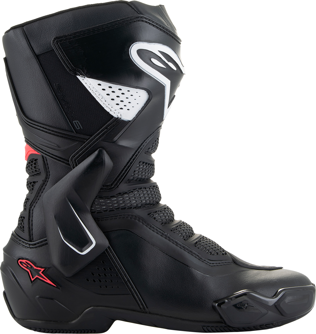 Alpinestars Stella SMX-6 V3 women's motorcycle boots in black, white, and pink with ankle protection and rugged sole.