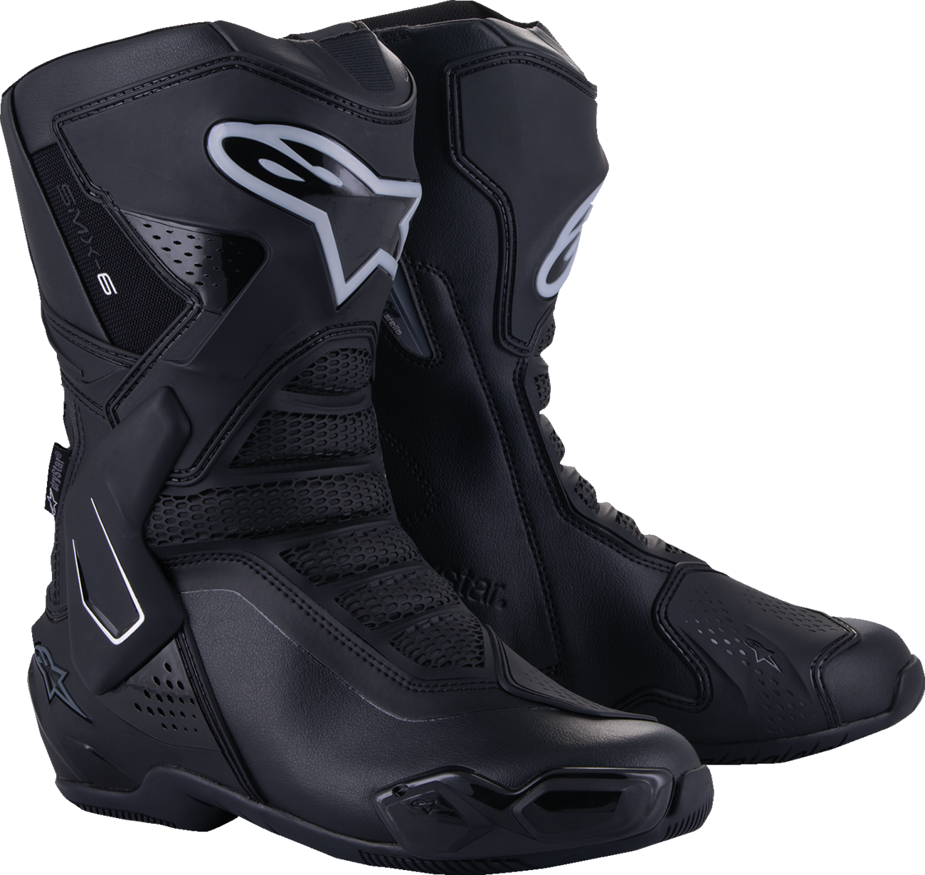 Alpinestars Stella SMX-6 V3 Drystar® motorcycle boots in black and silver, US size 5, EU 36, showing side view with protective features.