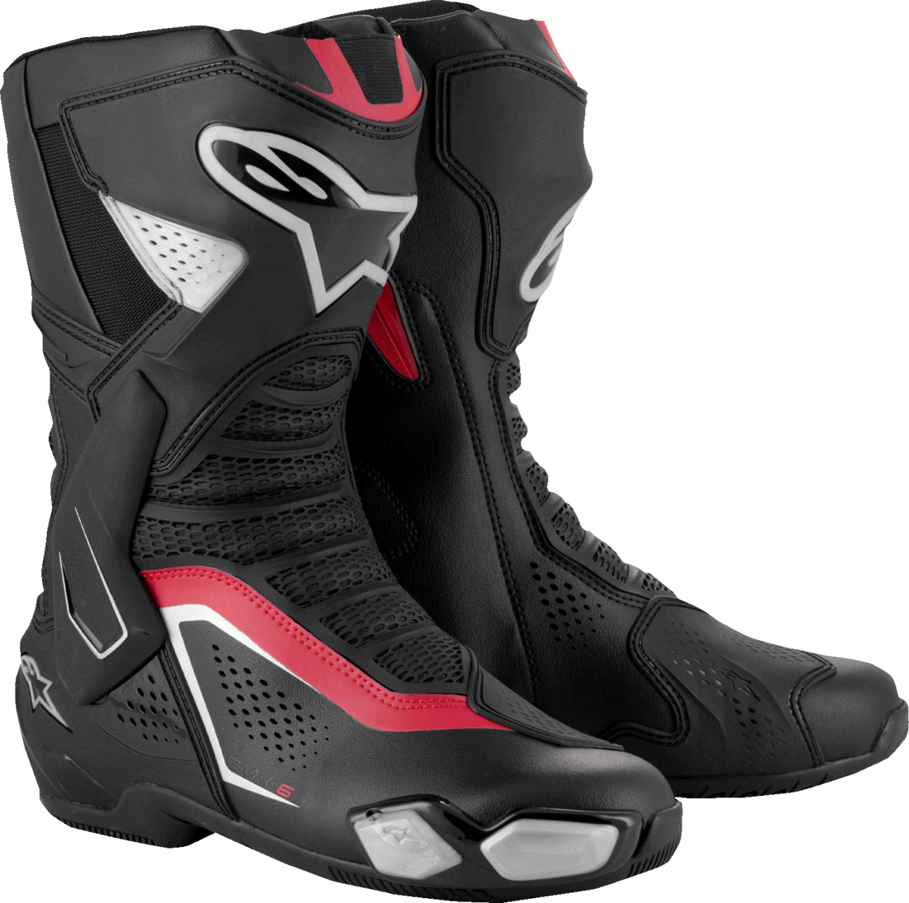 Alpinestars SMX-6 V3 vented motorcycle boots in black, silver, and red with protective armor, US 9.5 / EU 44 size.