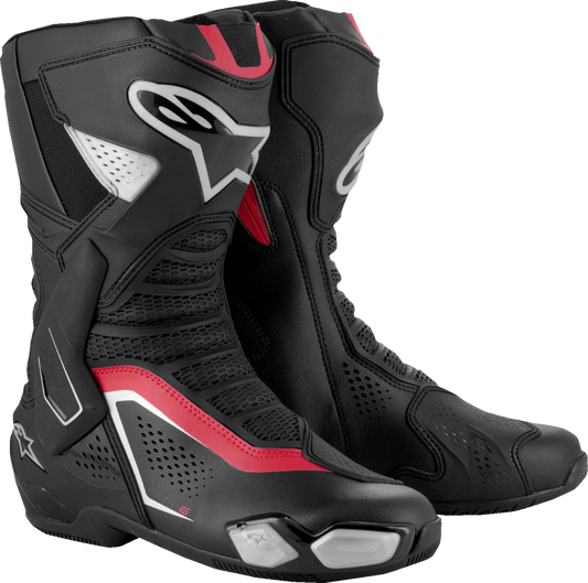 Alpinestars SMX-6 V3 vented motorcycle boots in black, silver, and red with US 7.5 size, showing protective design and materials.
