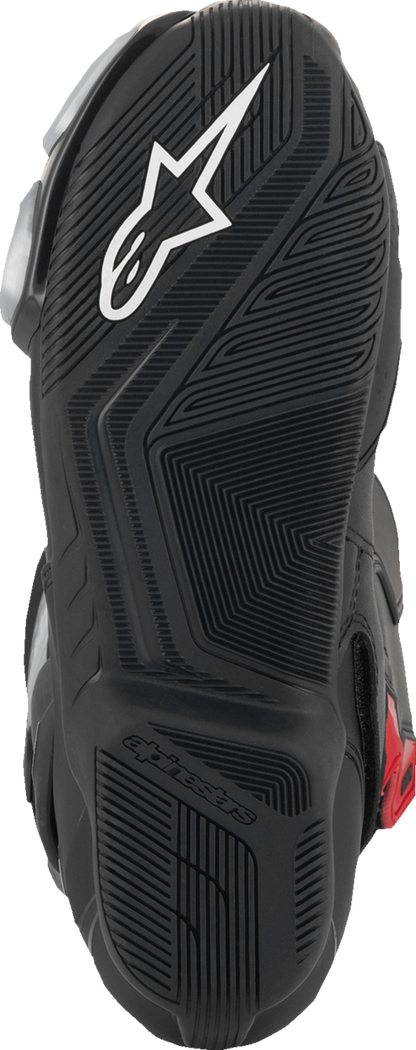 Alpinestars SMX-6 V3 vented motorcycle boots in black, silver, and red, US 9.5, showing side view of protective riding footwear