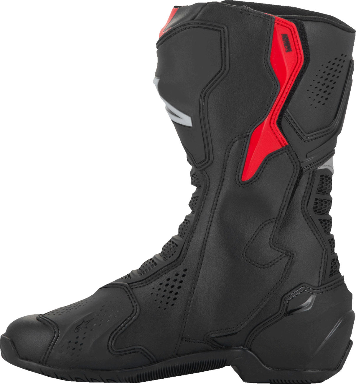Alpinestars SMX-6 V3 motorcycle boots in black, silver, and red with vents, US 9.5 / EU 44, featuring protective design