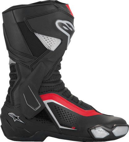 Alpinestars SMX-6 V3 vented motorcycle boots in black, silver, and red with reinforced ankle protection, US 9.5 / EU 44 size