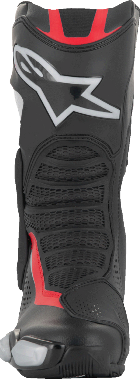 Alpinestars SMX-6 V3 vented motorcycle boots in black, silver, and red, showing reinforced ankle protection and sturdy sole.