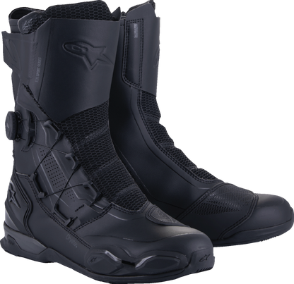 Alpinestars SP-X Boa Drystar® motorcycle boots in black and dark gray, US 9 / EU 43, showing the sturdy design and fastening system.