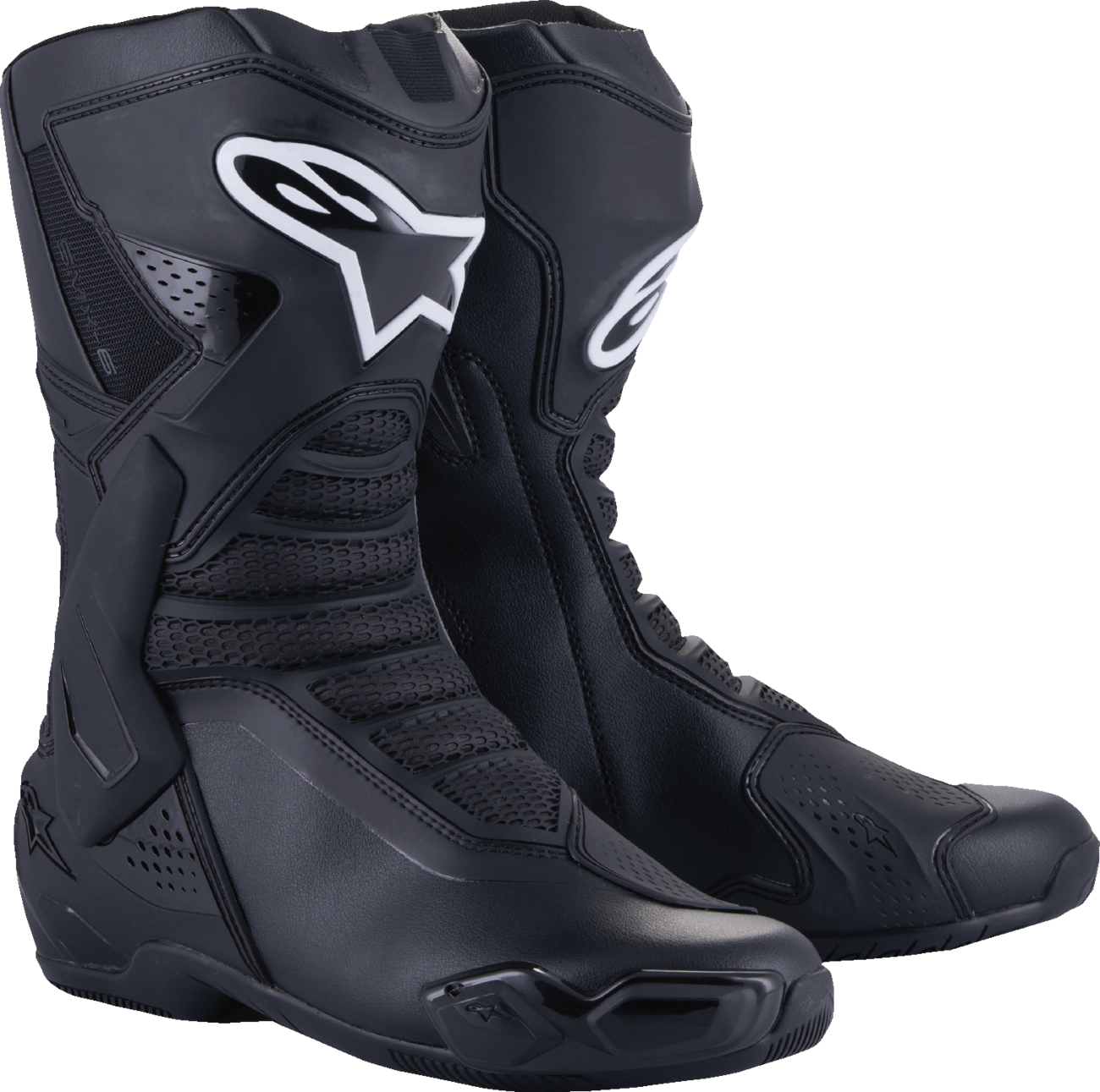 Alpinestars SMX-6 V3 black motorcycle racing boots with reinforced ankle and sole, US 9.5 / EU 44, designed for high-performance riding.