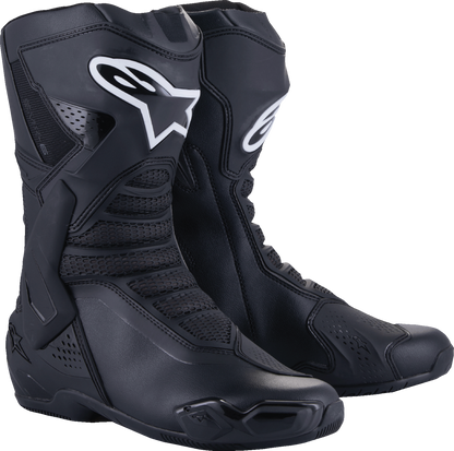 Alpinestars SMX-6 V3 black motorcycle racing boots with reinforced ankle and sole, US 9.5 / EU 44, designed for high-performance riding.
