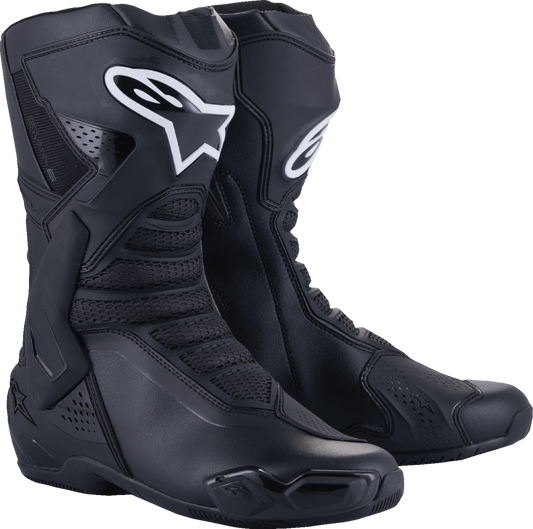 Black Alpinestars SMX-6 V3 motorcycle race boots, US 12.5 / EU 48, with protective design and performance features.