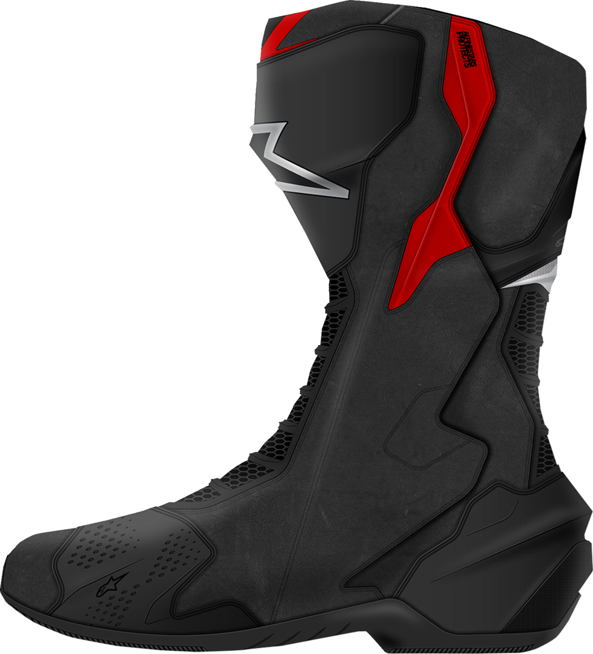 Alpinestars SMX-6 V3 motorcycle riding boots in black, silver, and red with US 12.5 size, featuring protective design and durable material.