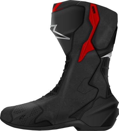 Alpinestars SMX-6 V3 motorcycle riding boots in black, silver, and red with US 12.5 size, featuring protective design and durable material.