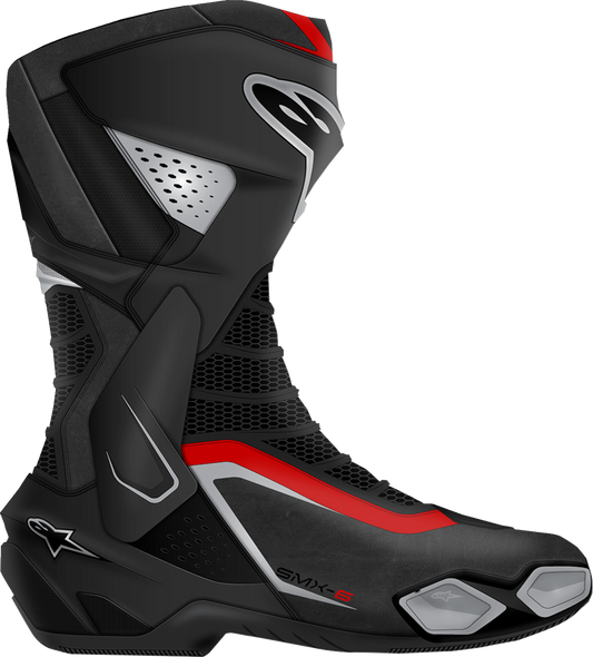 Alpinestars SMX-6 V3 racing motorcycle boots in black, silver, and red, US 9 / EU 43, showing side view with protective features.