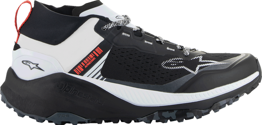 Alpinestars Meta XR v2 motorcycle shoes in black, white, and dark gray, US 12, showing side view and textured details.