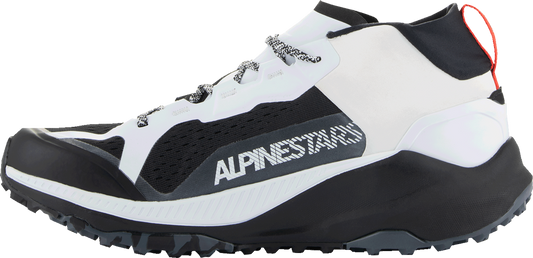 Alpinestars Meta XR v2 motorcycle shoes in black, white, and dark gray, US size 12, side view showing design details.