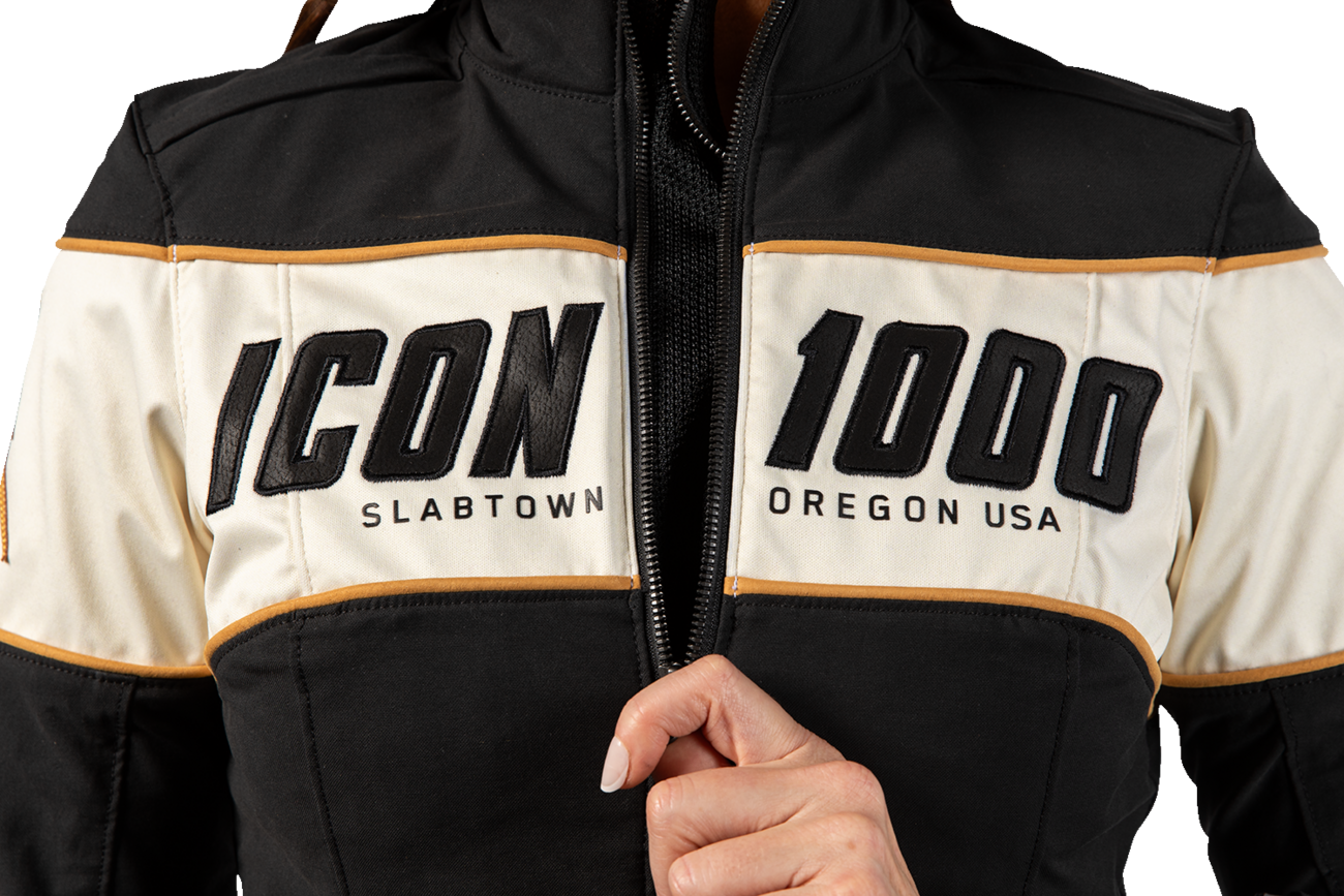 ICON Women's Hella 4™ motorcycle jacket in black with durable stretch cotton and nylon, featuring a fitted design and protective details.