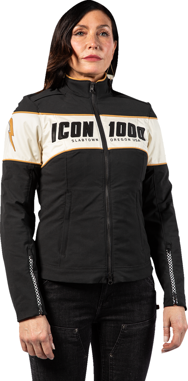 ICON Women's Hella 4™ motorcycle jacket in black with durable fabric, ventilation, and advanced protection features.
