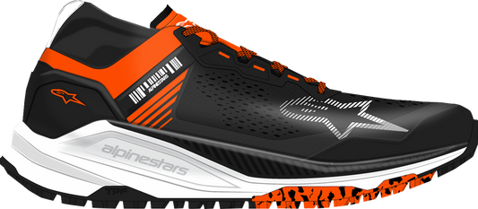 Alpinestars Meta XR v2 off-road running shoes in black, orange, and white, US 12 / EU 45.5, with durable design and sporty style.