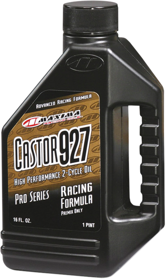 Maxima Racing Oil Castor 927 bottle, 16 fl oz, with label showing product name and part number 23916, on a plain background.