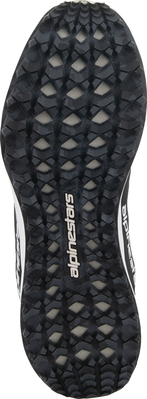 Alpinestars Meta Road V2 motorcycle shoes in black and white, US 12.5, featuring a sleek design and durable construction.