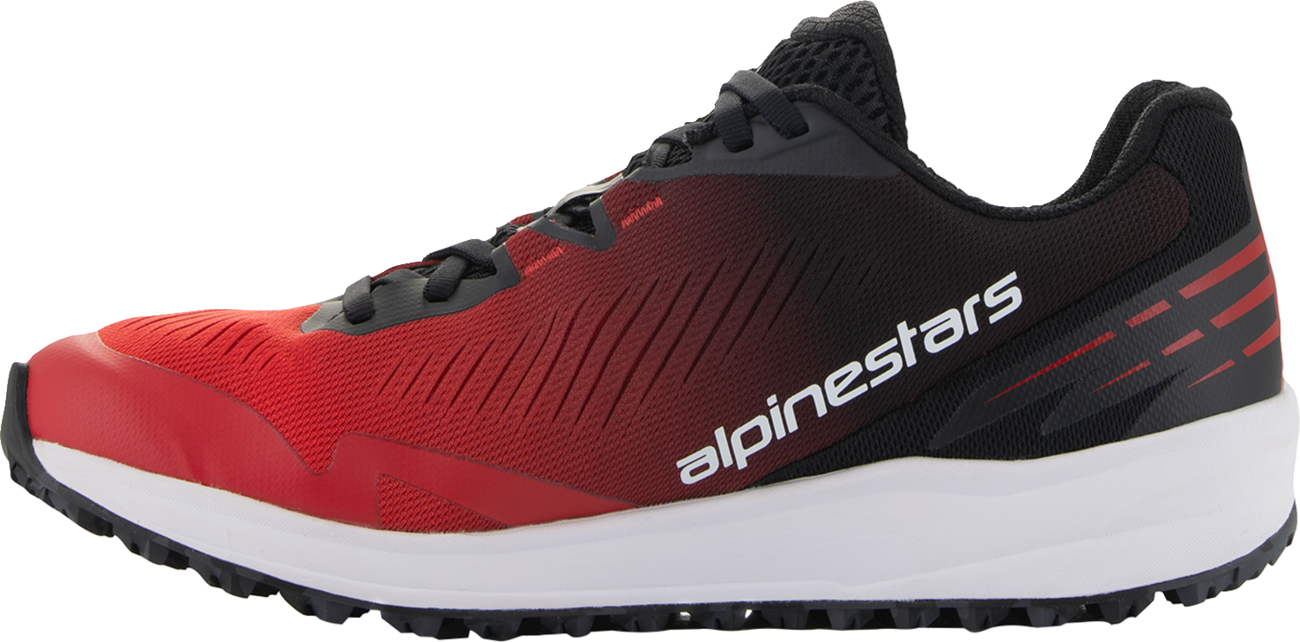 Alpinestars Meta Road V2 motorcycle shoes in red, black, and white, featuring durable and breathable design for performance riding.