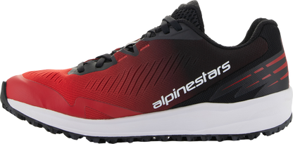Alpinestars Meta Road V2 motorcycle shoes in red, black, and white, featuring durable and breathable design for performance riding.