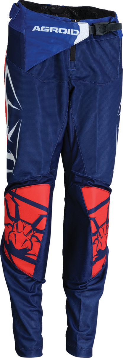Moose Offroad Youth Agroid Mesh Pants in red, white, and blue, size 30, featuring lightweight, breathable fabric and adjustable fit.