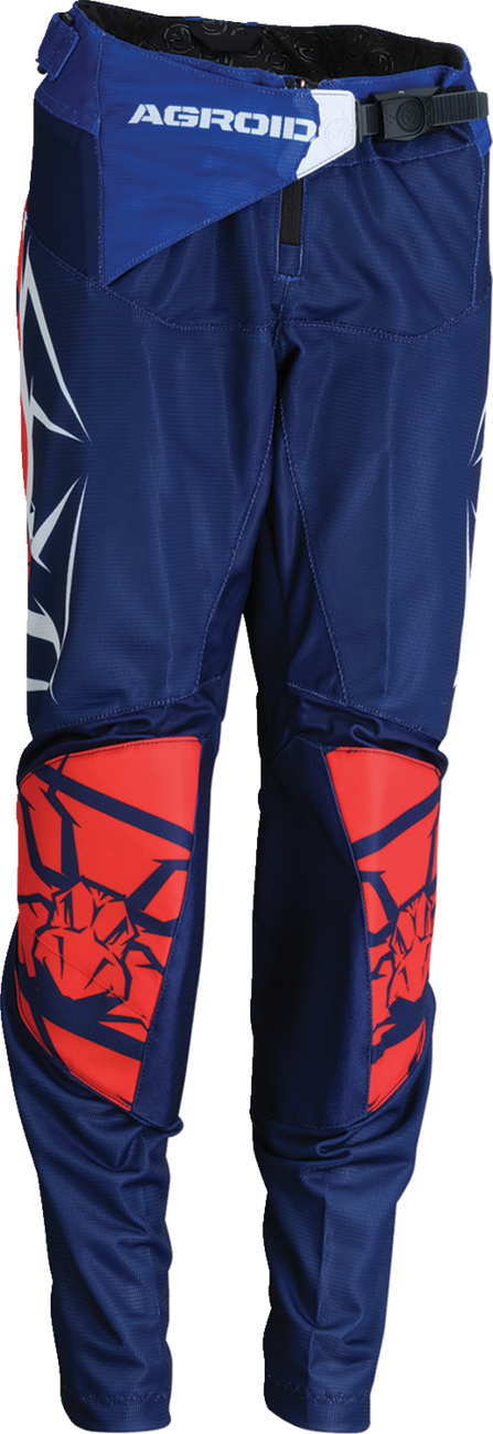 Moose Offroad Youth Agroid Mesh Pants in red, white, and blue, size 30, featuring lightweight, breathable fabric and adjustable fit.