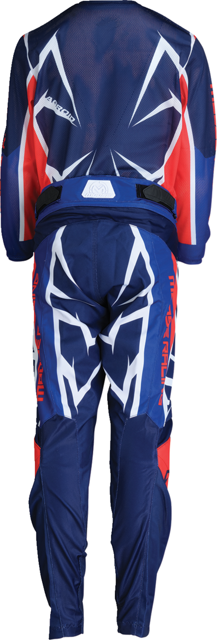 Moose Offroad youth Agroid mesh pants in red, white, and blue, size 30, featuring breathable mesh fabric and adjustable waistband.