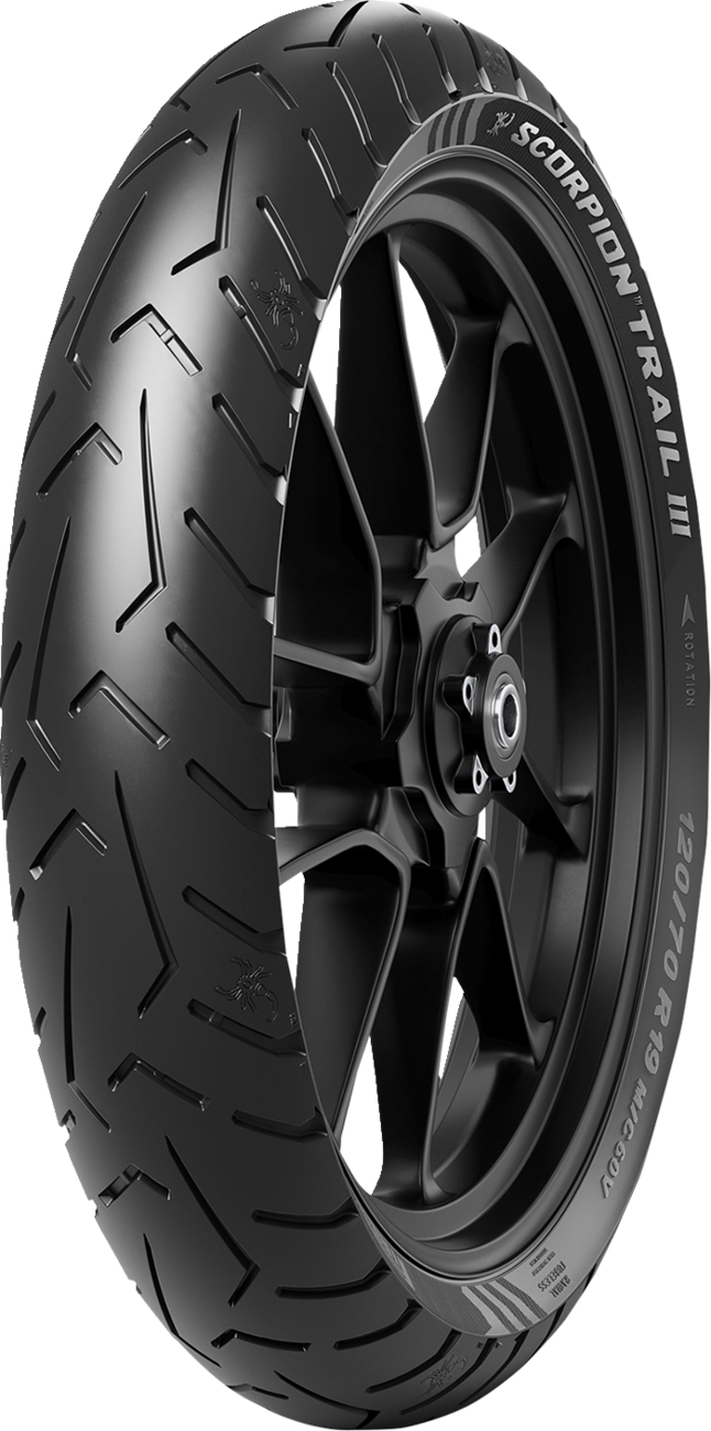 PIRELLI Scorpion Trail III front motorcycle tire 120/70ZR17 with rugged tread pattern for adventure and cross-over bikes.