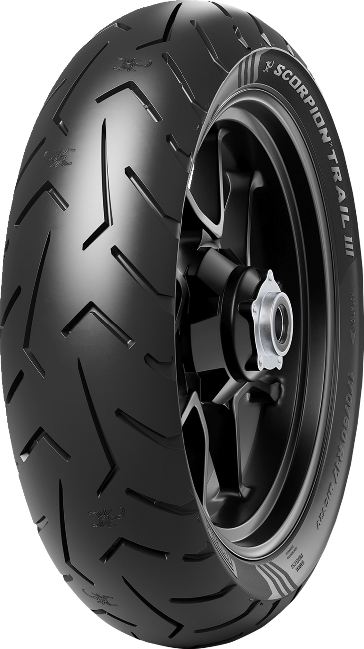 Pirelli Scorpion Trail III rear motorcycle tire 180/55ZR17 for adventure and crossover bikes, showing tread pattern and sidewall details.