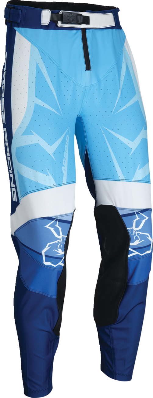 Moose Offroad Agroid Pants in blue and white, slim fit, US size 26, featuring rugged design and multiple pocket details.