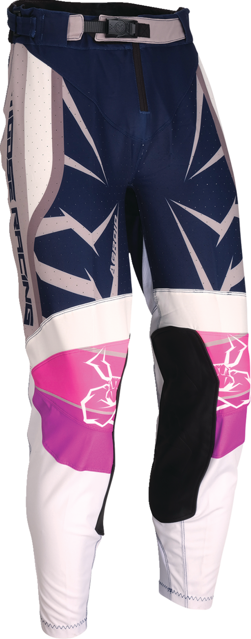 MOOSE OFFROAD Agroid pants in navy and white, US 26 slim fit, displayed on a hanger
