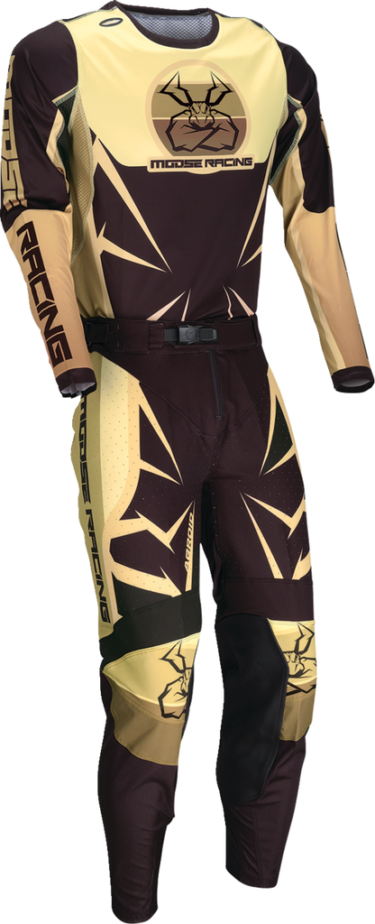 Moose Offroad Agroid pants in brown and black with slim fit, pre-curved legs, and ventilation features, US size 28.
