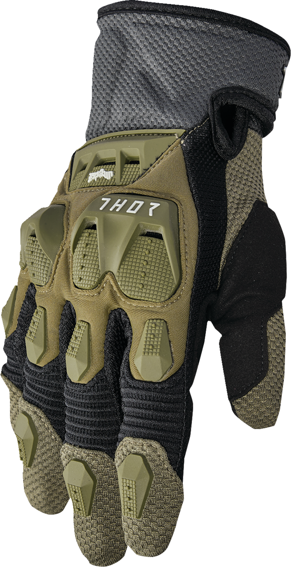 THOR Terrain Gloves in Army/Charcoal color, small size, featuring rugged design and reinforced palms for motorcycle riding.