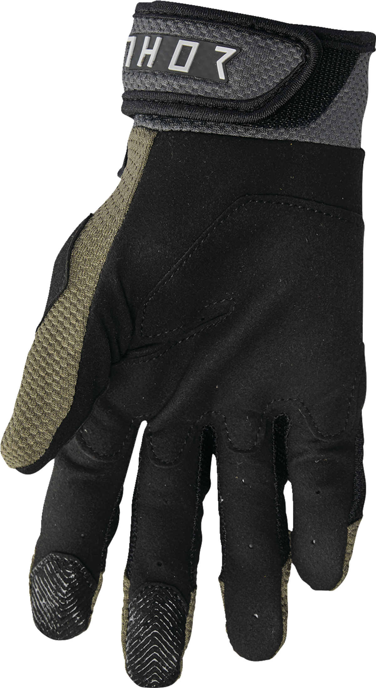 THOR Terrain Gloves in Army/Charcoal color, small size, featuring durable fabric and enhanced grip for riding or outdoor activities.